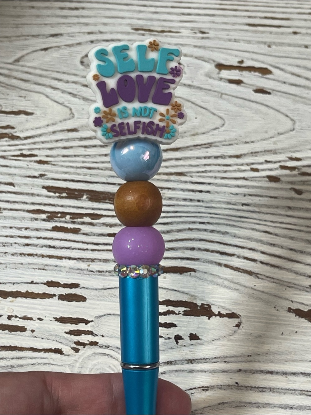 Hand Crafted Blue-Purple-Tan Beaded Pen with "Self Love" Topper
